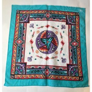 Vintage Wamcraft Bandana Southwestern Thunderbird Geometric Turquoise USA Made